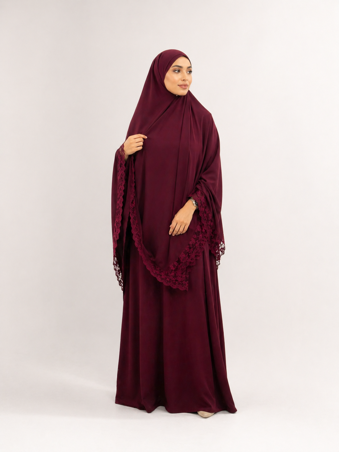 Khimar dentelle bordeau